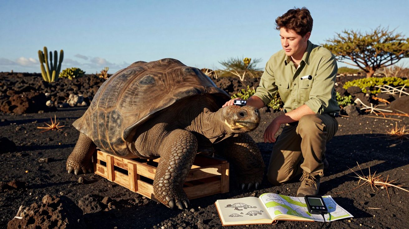 Jovem em equipamento de campo interage com uma tartaruga gigante na natureza árida, com mapas e dispositivos no chão.