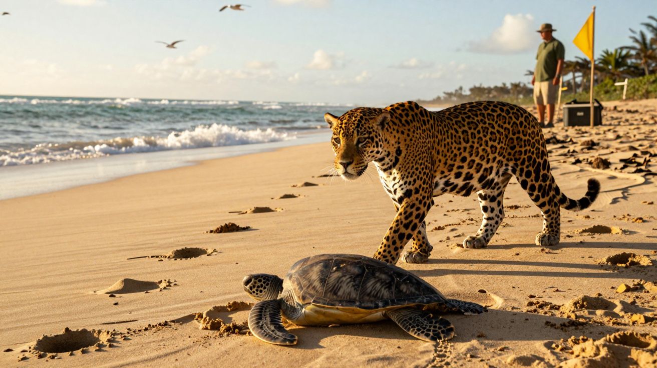Onça-pintada e tartaruga na areia da praia com homem e bandeira amarela ao fundo.