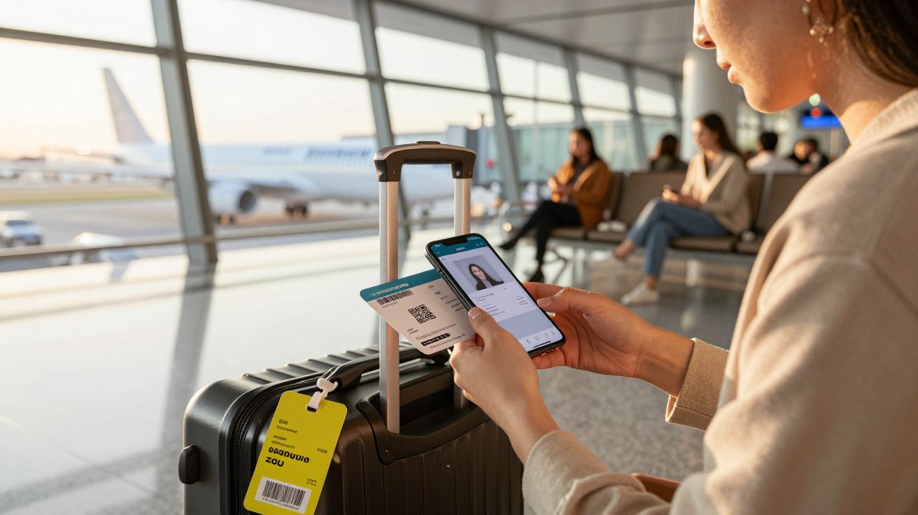 Mulher numa sala de embarque a consultar o cartão de embarque digital no telemóvel junto à mala.