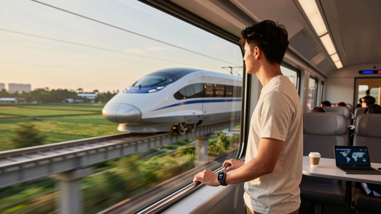 Jovem observa comboio de alta velocidade enquanto viaja num comboio interior moderno com laptop aberto.