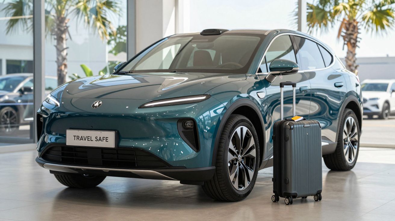 Carro elétrico verde escuro com mala preta ao lado, em showroom moderno com luz natural.