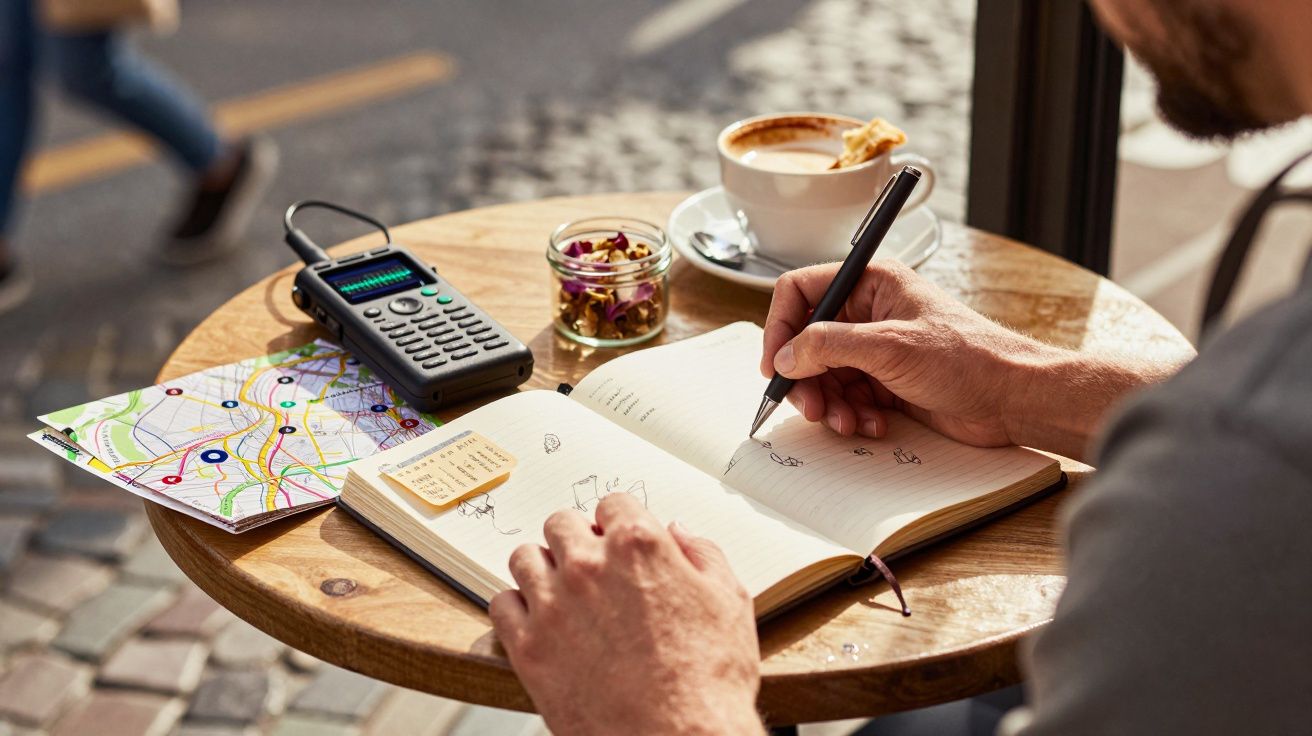 Pessoa a desenhar num caderno numa mesa de café com um mapa, rádio portátil e chávena de café.