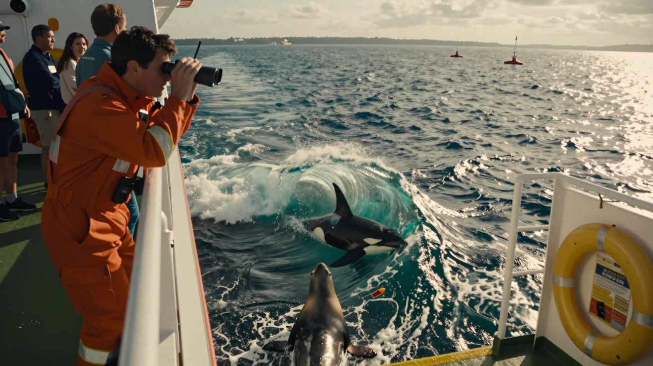 Homem com fato laranja observa com binóculos orca e leão-marinho perto de barco no mar ao pôr do sol.