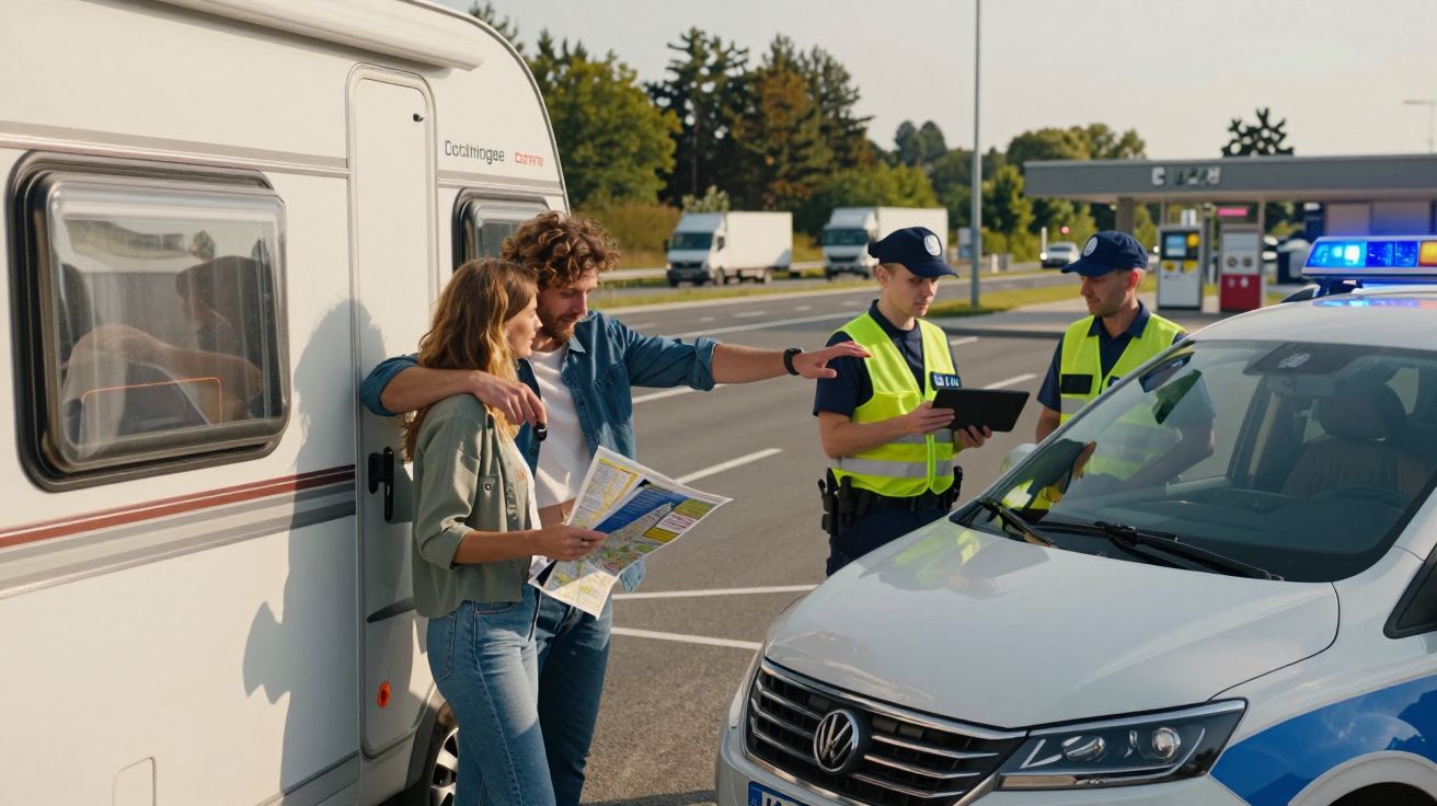Casal junto a caravana interage com dois polícias em estrada, enquanto apontam e consultam mapas.