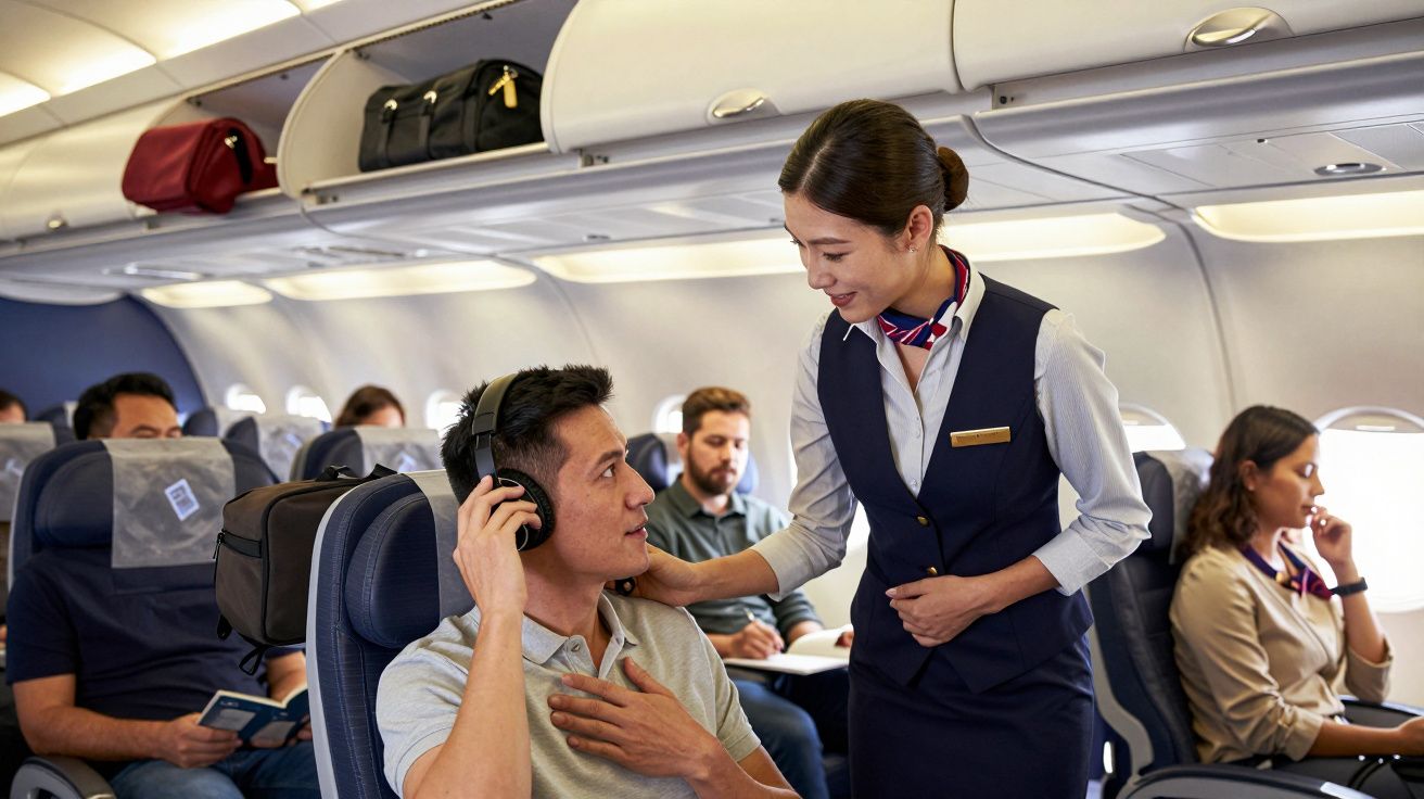 Tripulante de cabine a ajudar passageiro com auscultadores dentro de avião em voo comercial.