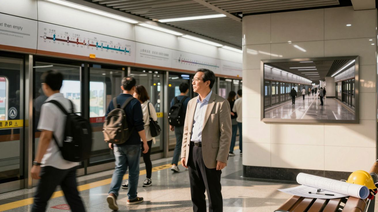 Homem de fato espera no cais de estação de metro movimentada com pessoas e mapa de rota no fundo.