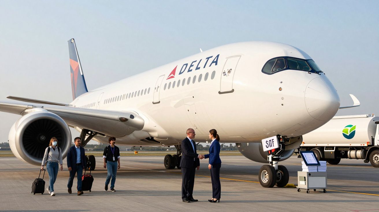 Avião Delta estacionado no aeroporto com passageiros a desembarcar e profissionais a cumprimentarem-se no pátio.