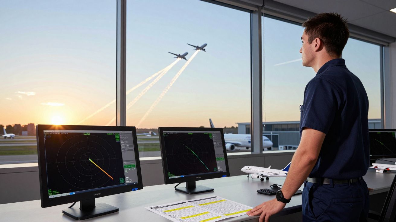 Controlador aéreo observa aviões a descolar ao pôr do sol numa torre de controlo de aeroporto.