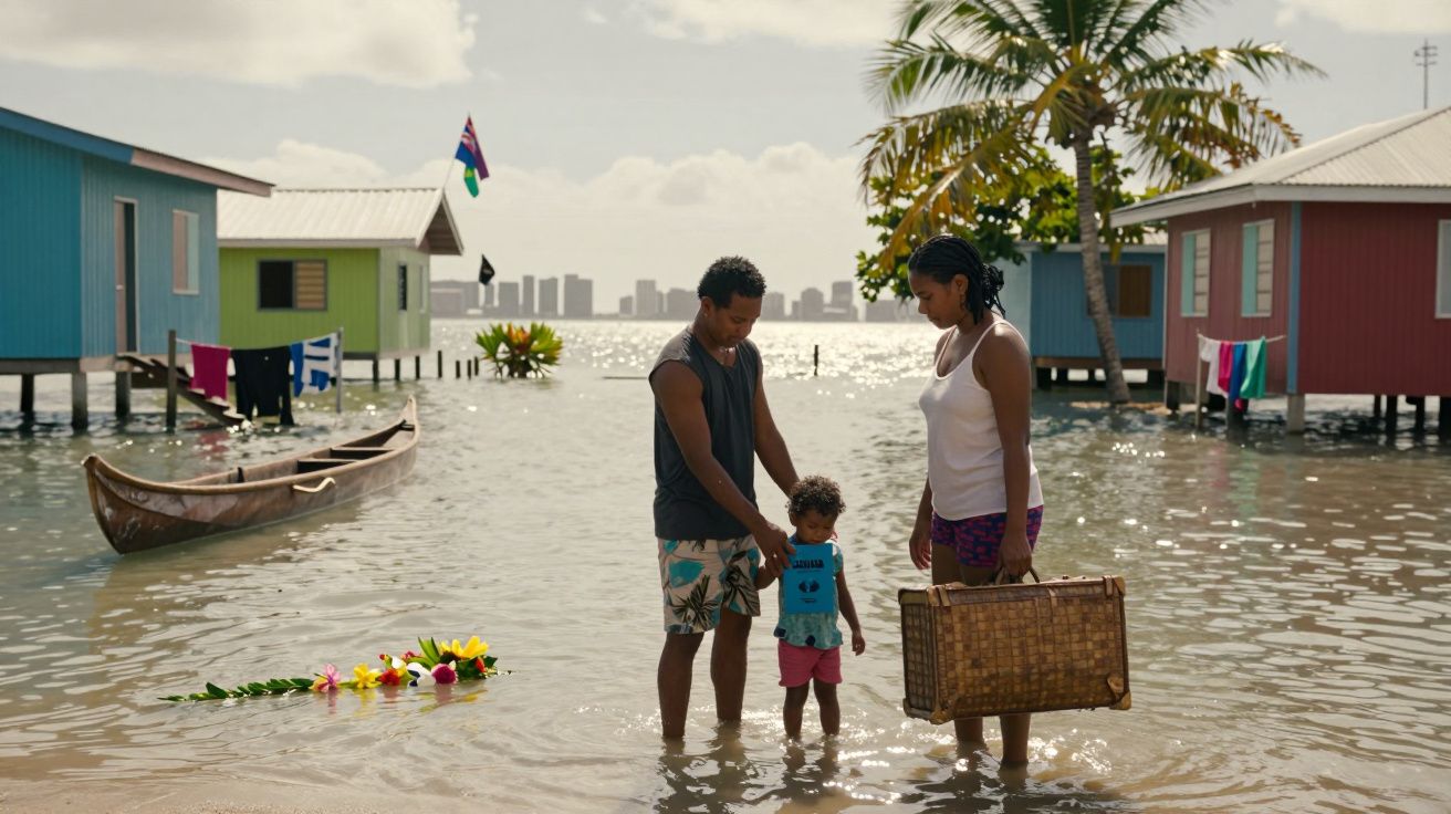 Família em águas rasas entre casas coloridas sobre palafitas, com canoa e flores na água ao pôr do sol.