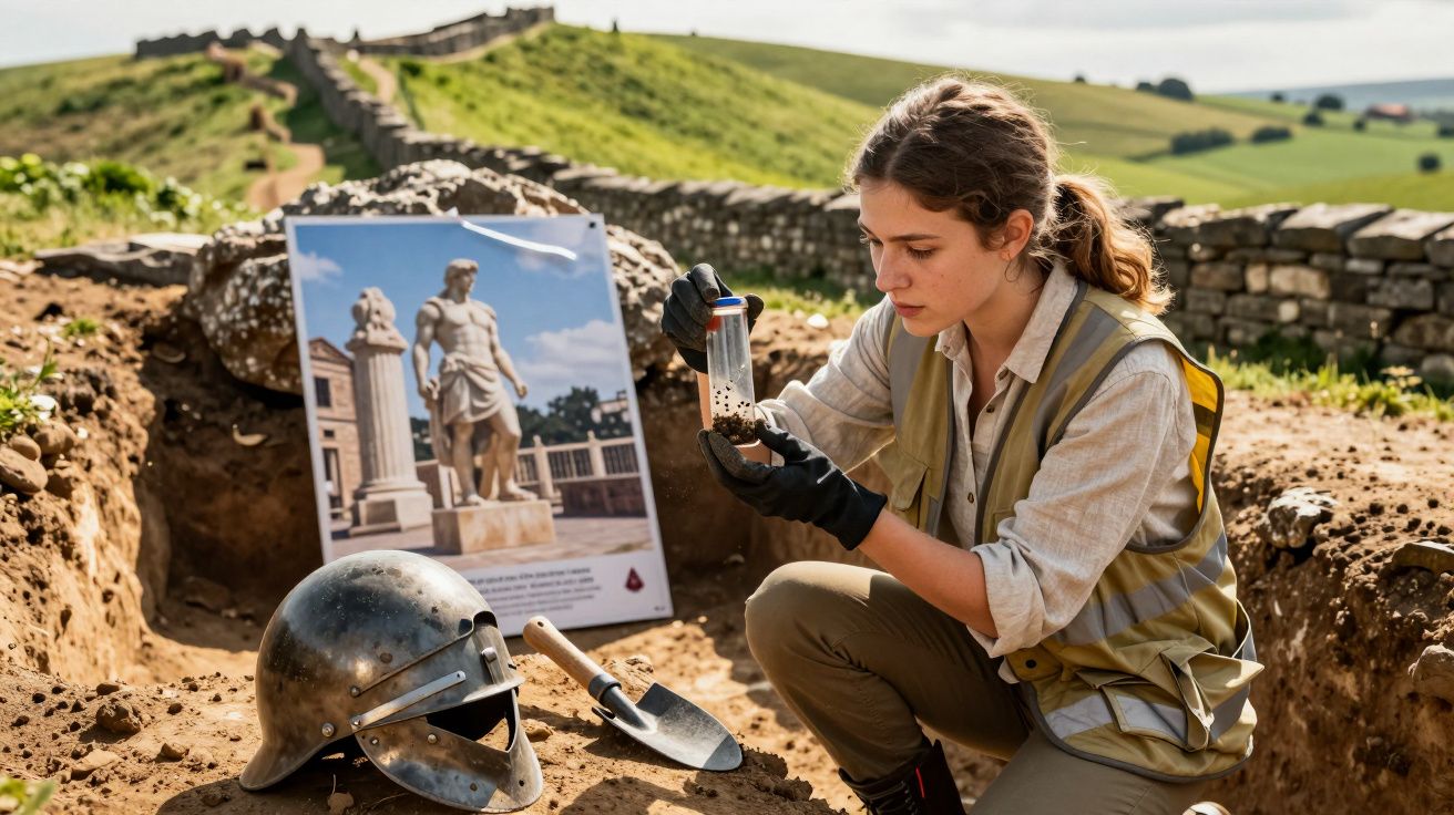 Arqueóloga examina amostra de terra numa escavação arqueológica ao ar livre junto a capacete antigo e pá.