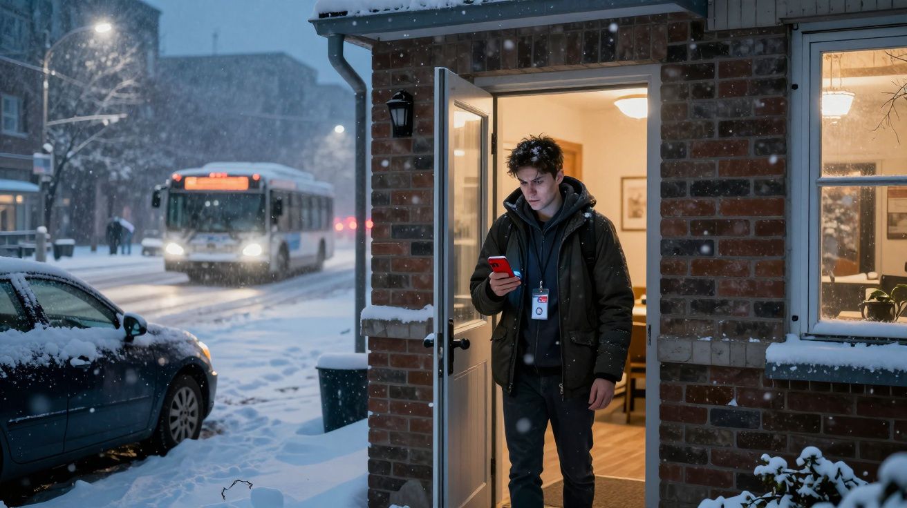 Jovem com casaco abre a porta de casa durante nevão enquanto olha para o telemóvel numa rua com autocarro e carro cobertos de