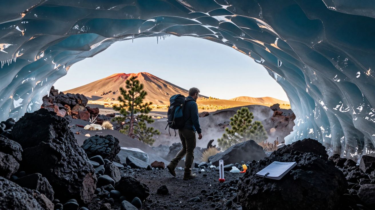 Pessoa com mochila explora uma caverna de gelo com vista para montanha e vegetação árida ao amanhecer.