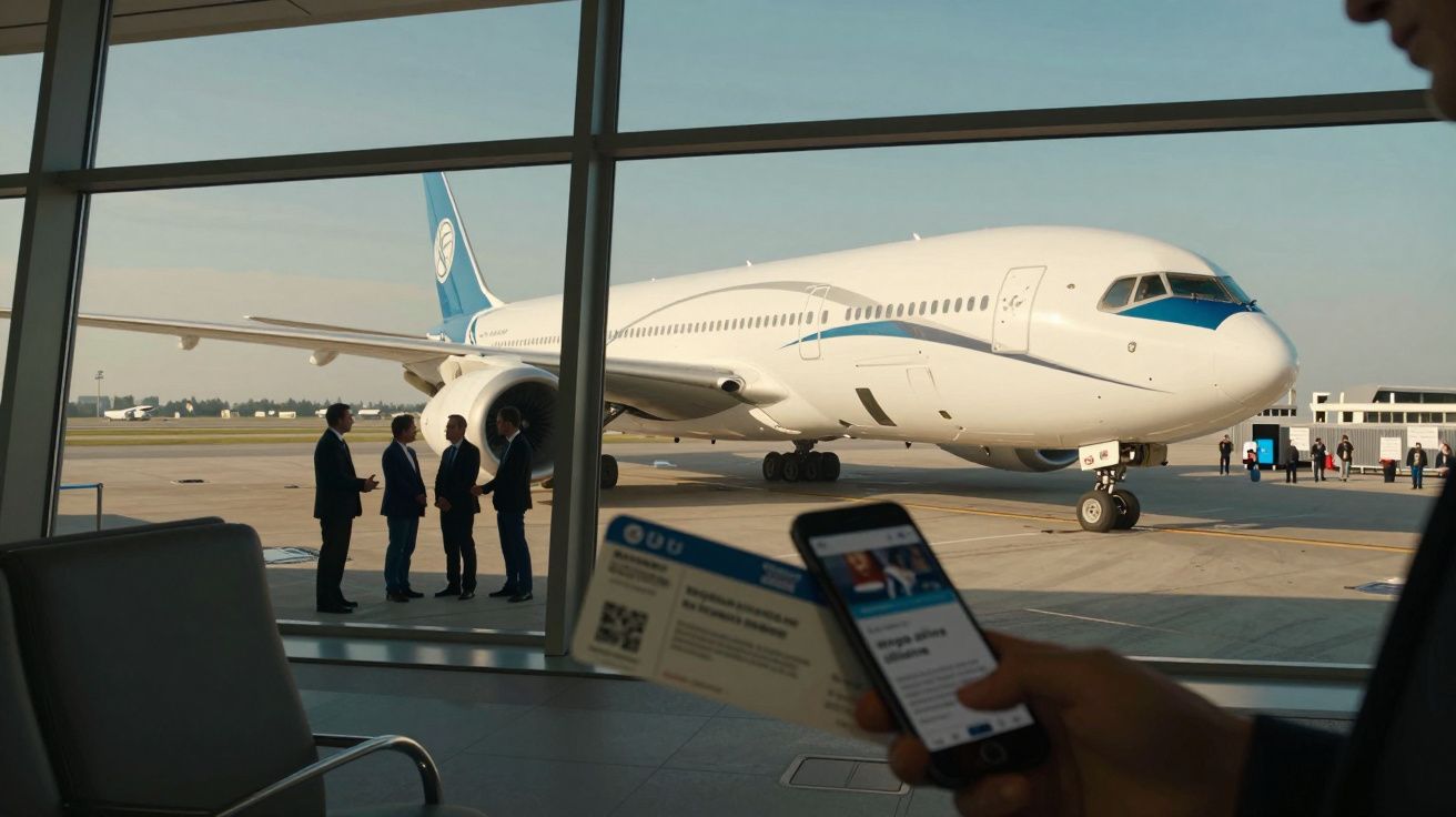 Pessoa segura bilhete e telemóvel numa sala de embarque, com avião e grupo de pessoas ao fundo no aeroporto.