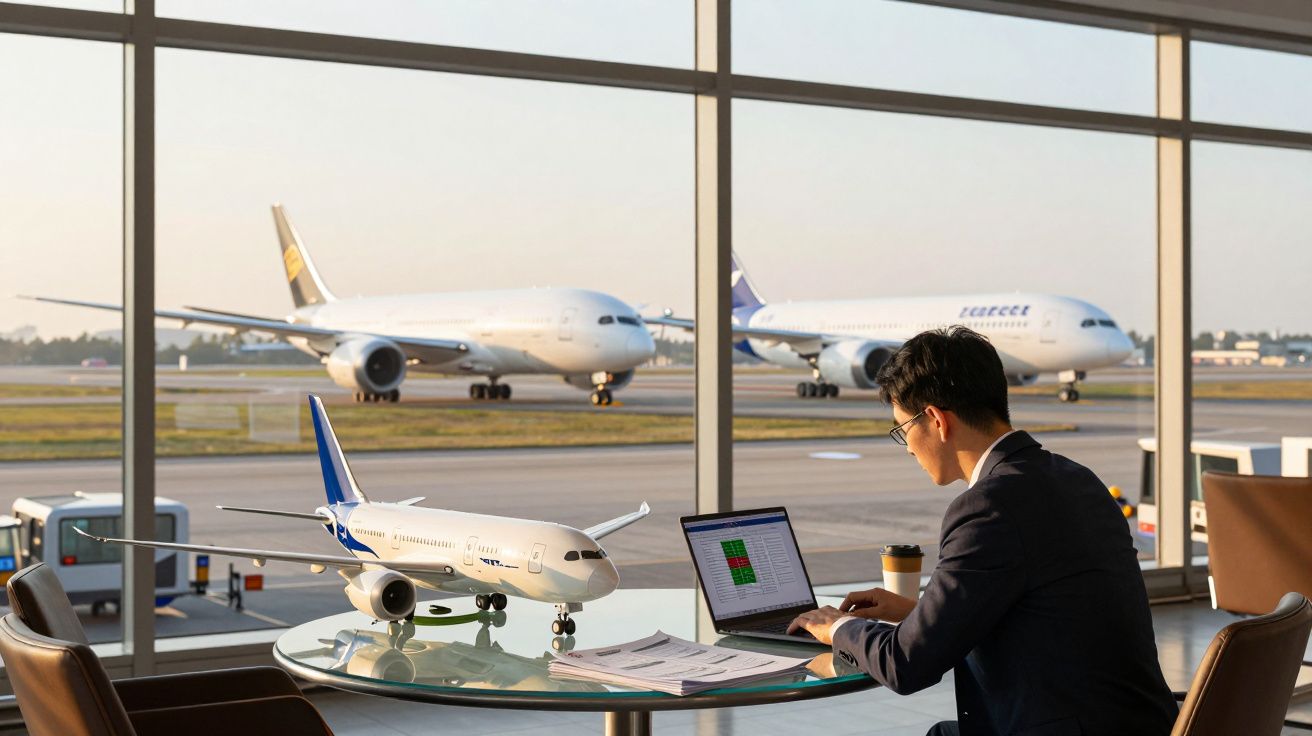 Homem a trabalhar num computador portátil numa sala de espera do aeroporto com aviões visíveis pela janela.