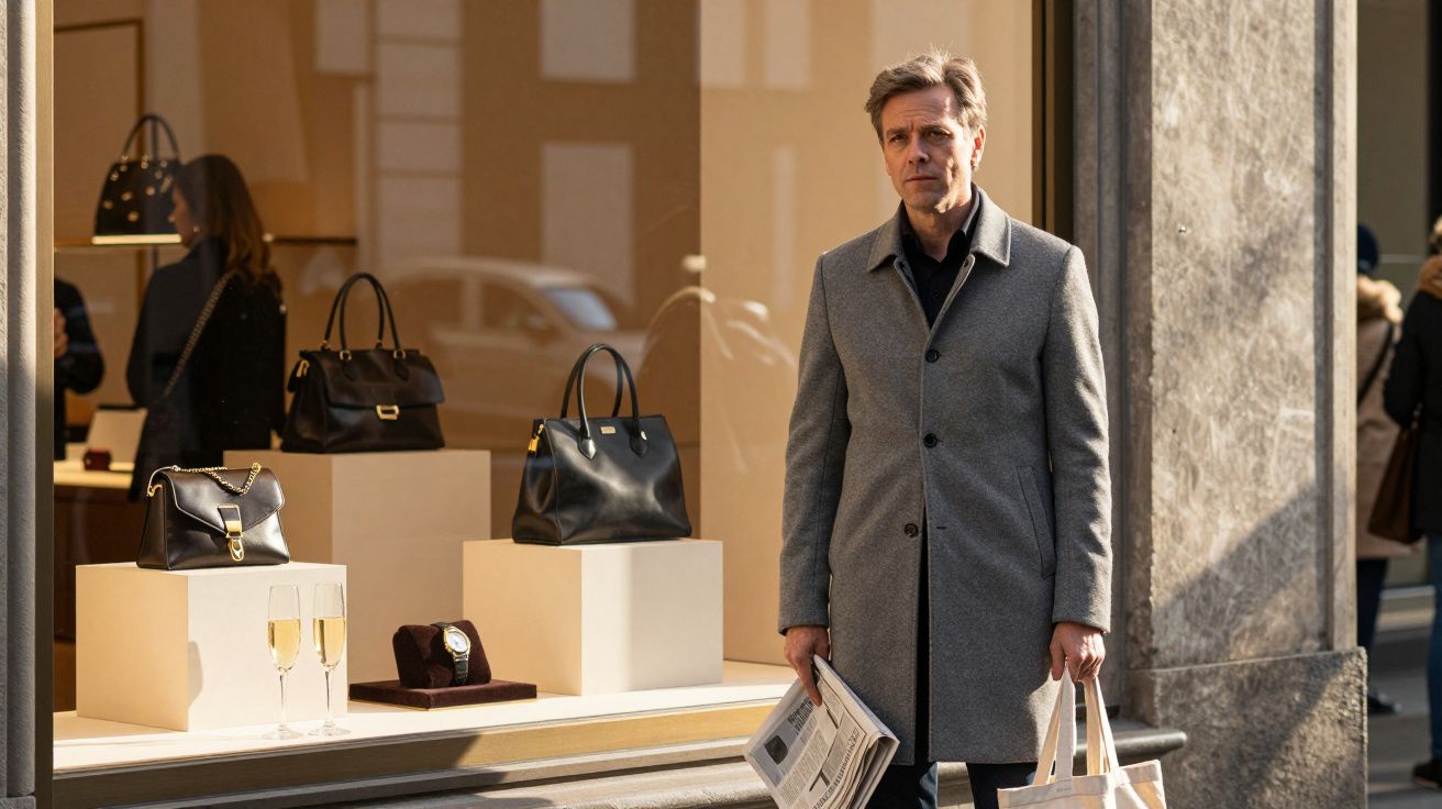 Homem sério de casaco cinza segura jornal e saco de pano junto a montra de loja com malas pretas.