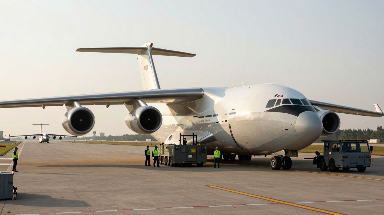 Avião militar de grande porte em pista de aeroporto com várias pessoas e veículos de apoio ao redor.