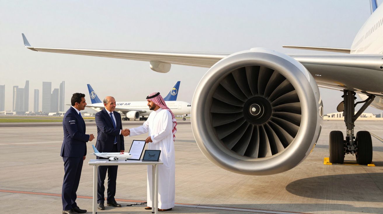 Dois homens a cumprimentar-se ao lado de um avião grande, com outro homem vestido de uniforme à esquerda no aeroporto.