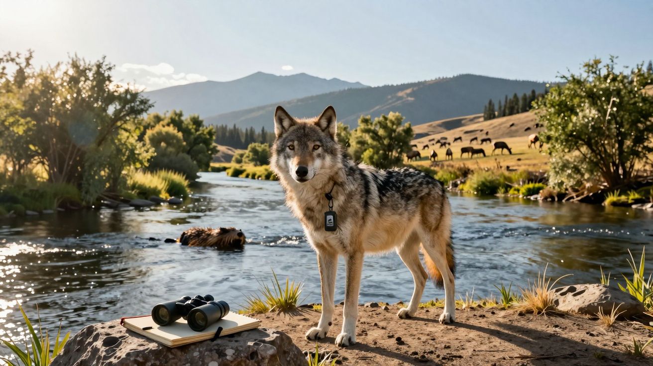 Lobo cinzento com colar, junto a rio com binóculos e caderno, paisagem montanhosa ao fundo.
