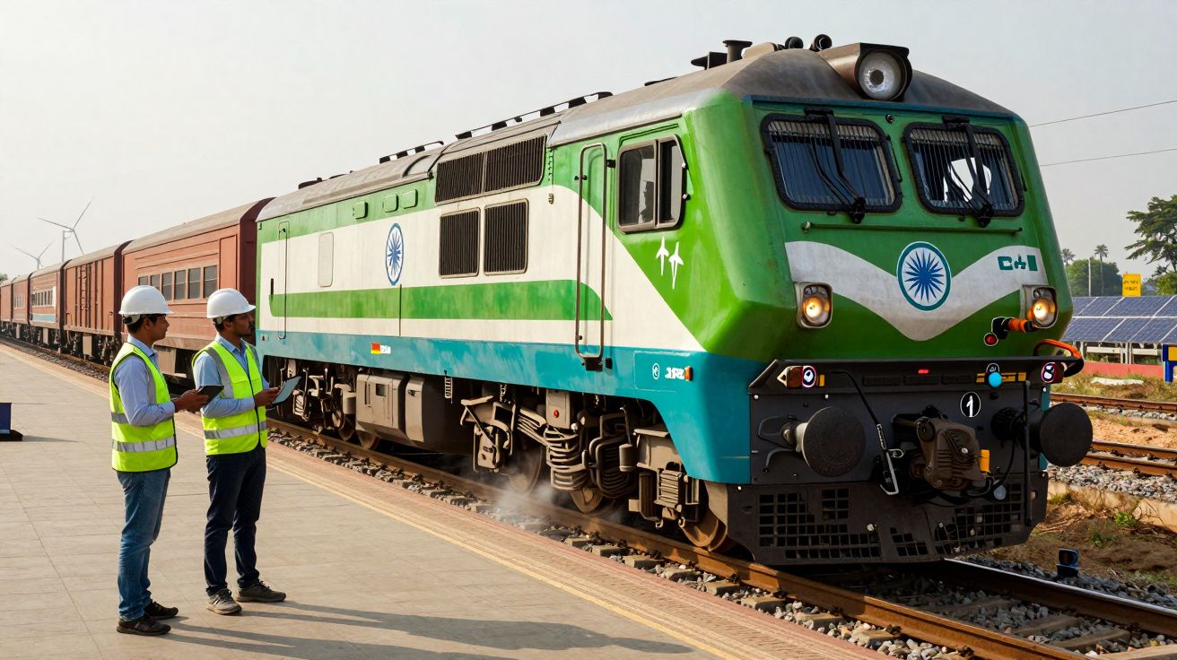 Dois homens com coletes e capacetes junto a um comboio verde e branco numa estação ferroviária.