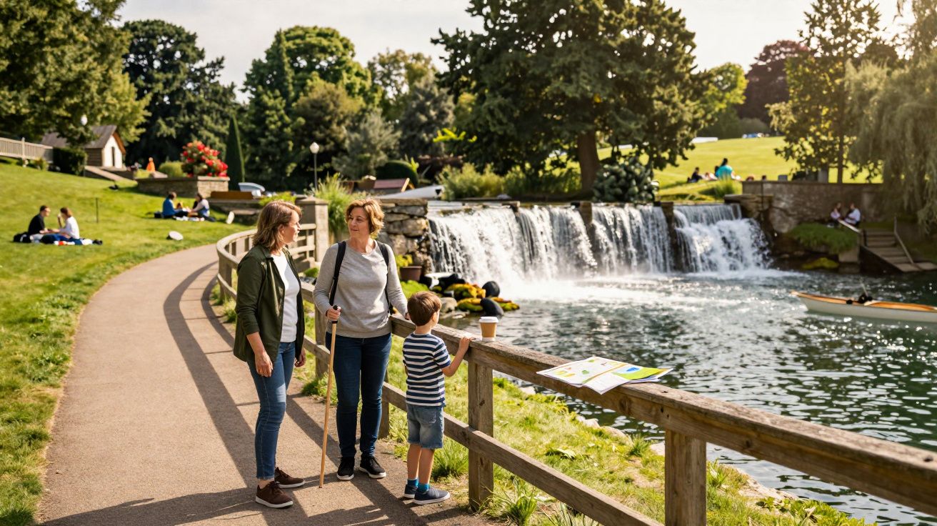 Três pessoas junto a um lago com queda de água num parque verde, numa manhã soalheira.