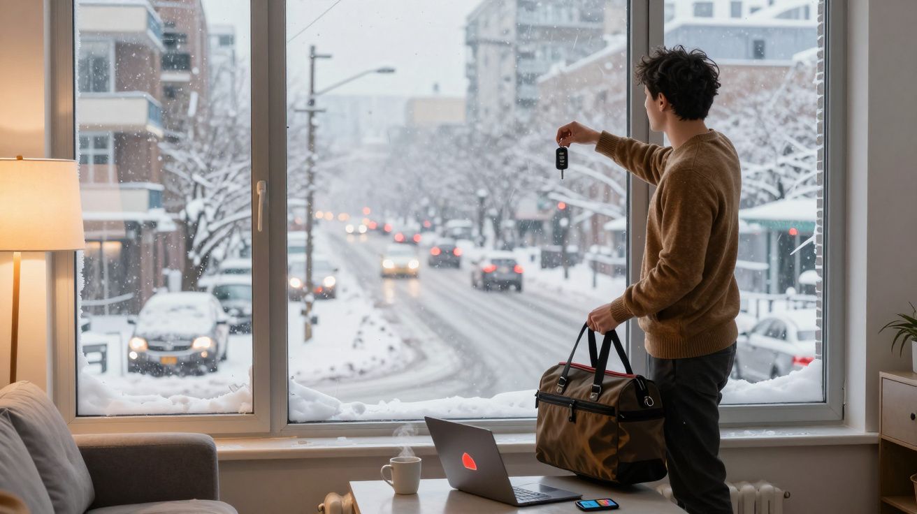 Homem em casa a olhar pela janela nevando, segurando chaves e mala de viagem.