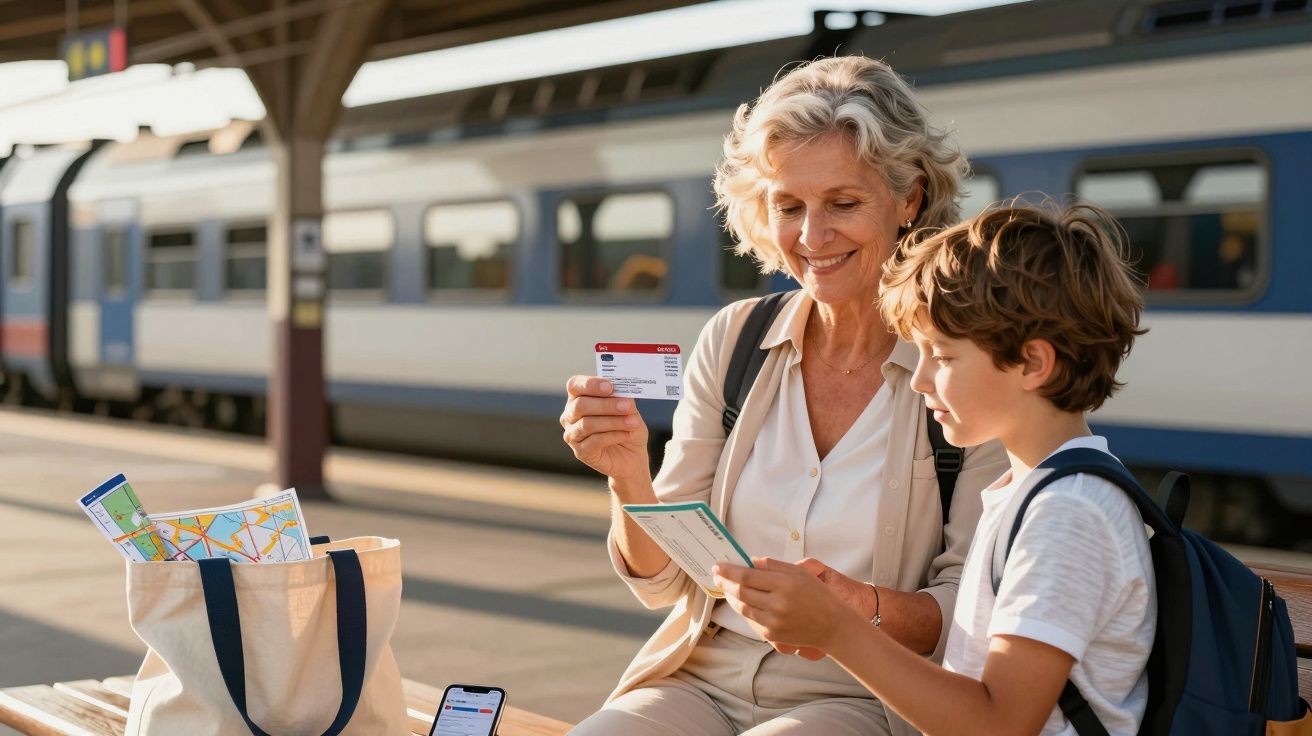 Mulher e rapaz sentados numa estação de comboio com bilhetes e mapa, prontos para viajar.