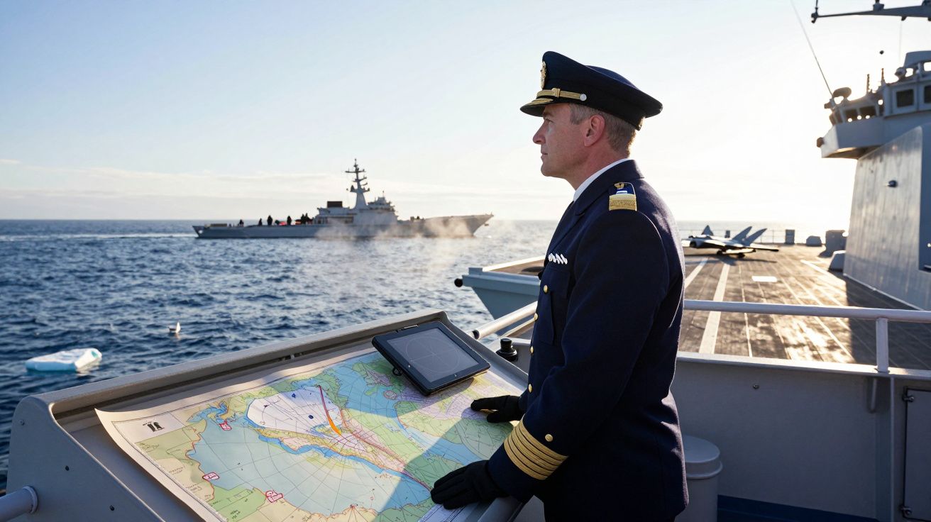Oficial naval em uniforme observa o mar a bordo de um navio com mapa náutico e outro navio ao fundo.