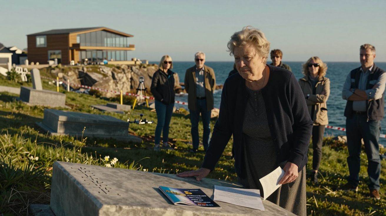 Mulher idosa lê documentos junto a campa num cemitério à beira-mar, com cinco pessoas ao fundo.