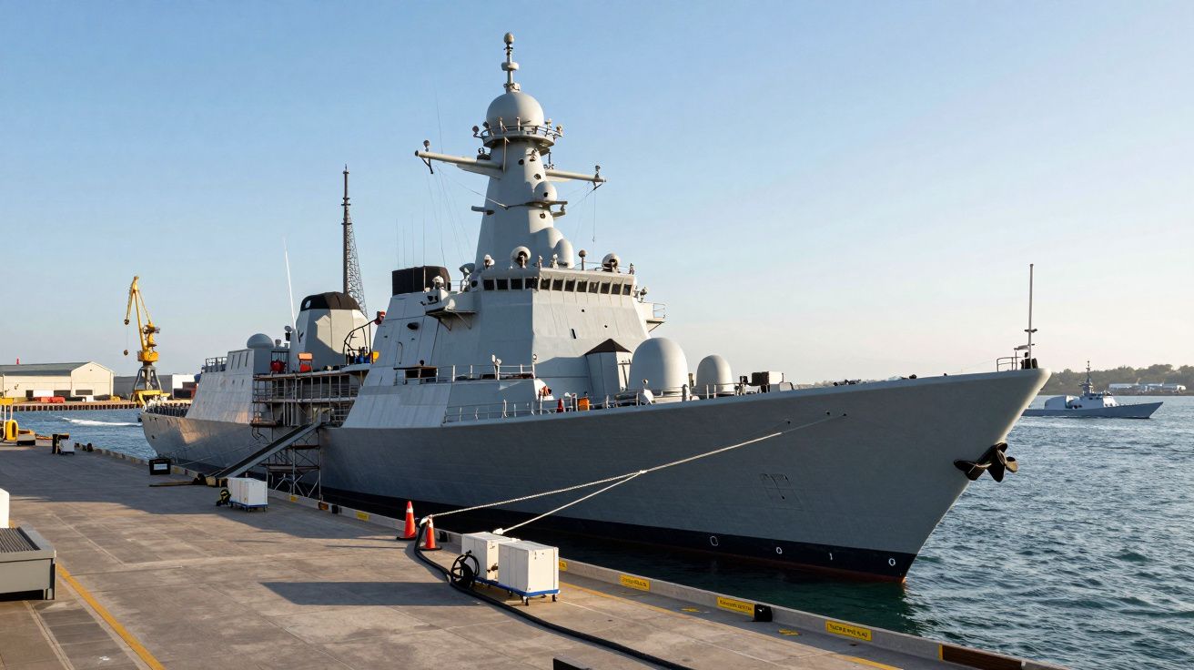 Navio de guerra cinzento atracado num cais com guindaste ao fundo e mar calmo sob céu limpo.