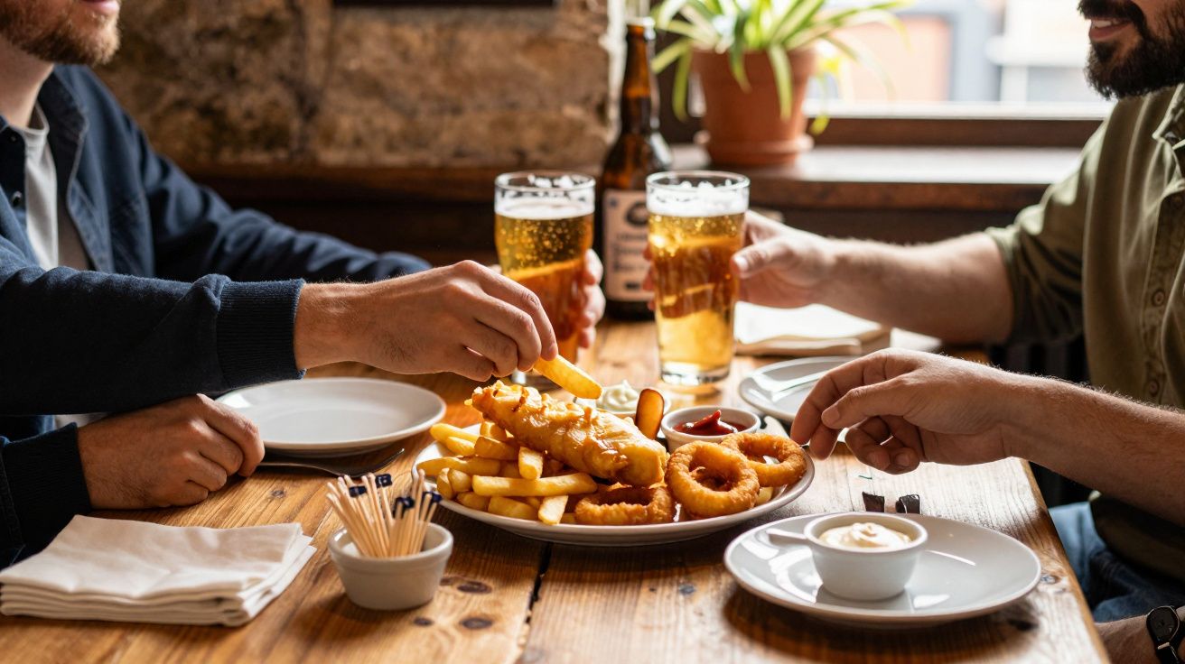 Duas pessoas a partilhar comida de petiscos e cervejas num ambiente acolhedor de restaurante.