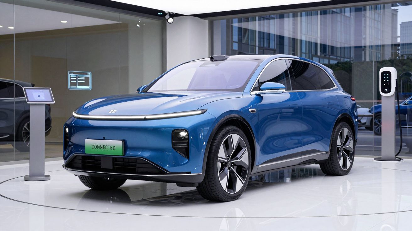 Carro elétrico azul estacionado em showroom moderno com carregador elétrico visível ao lado direito.