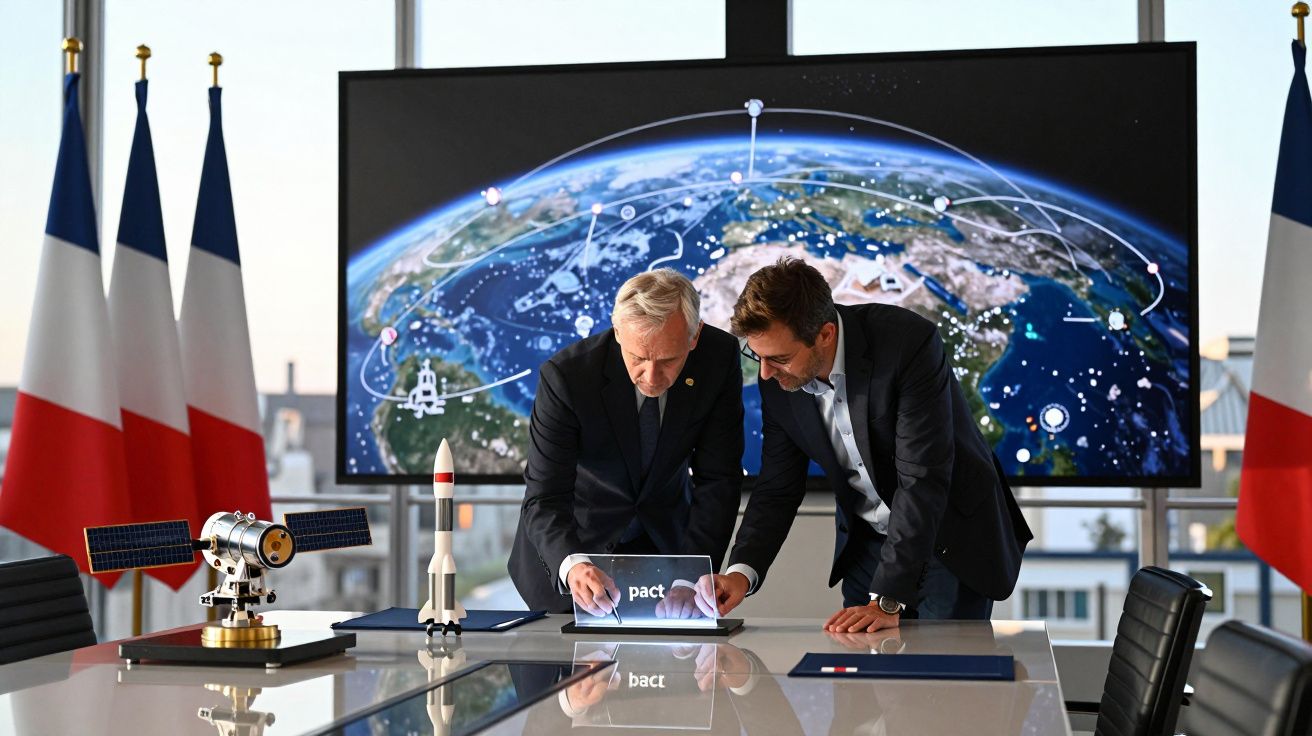 Dois homens em fato assinam pacto num escritório com bandeiras francesas e modelos espaciais ao fundo.