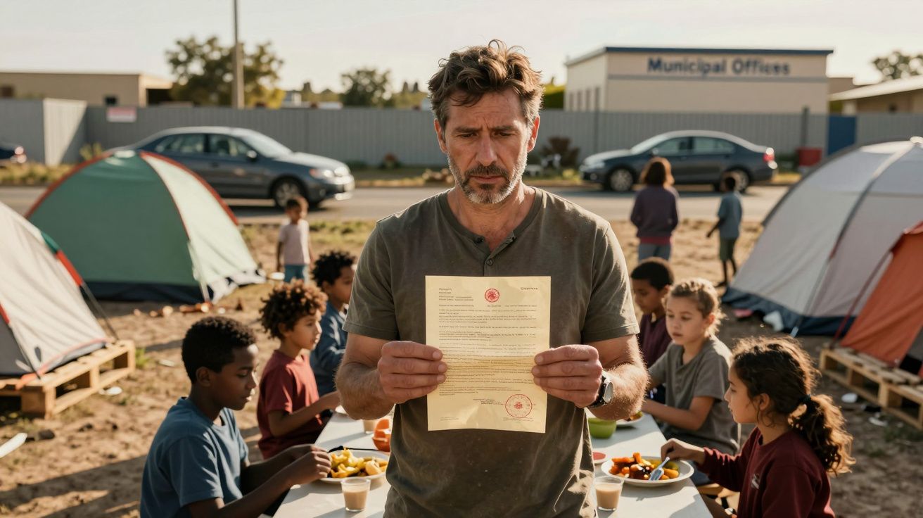 Homem lê documento em campo com crianças sentadas a comer à mesa e tendas ao fundo numa zona urbana.