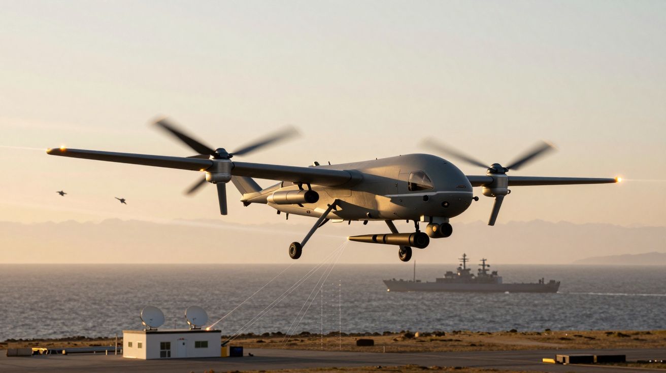 Drone militar em voo sobre área costeira com navio de guerra e edifício com antenas parabólicas ao fundo.