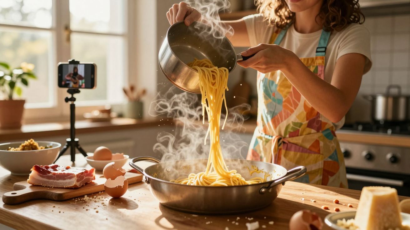 Mulher a cozinhar esparguete numa cozinha enquanto grava receita num telemóvel.