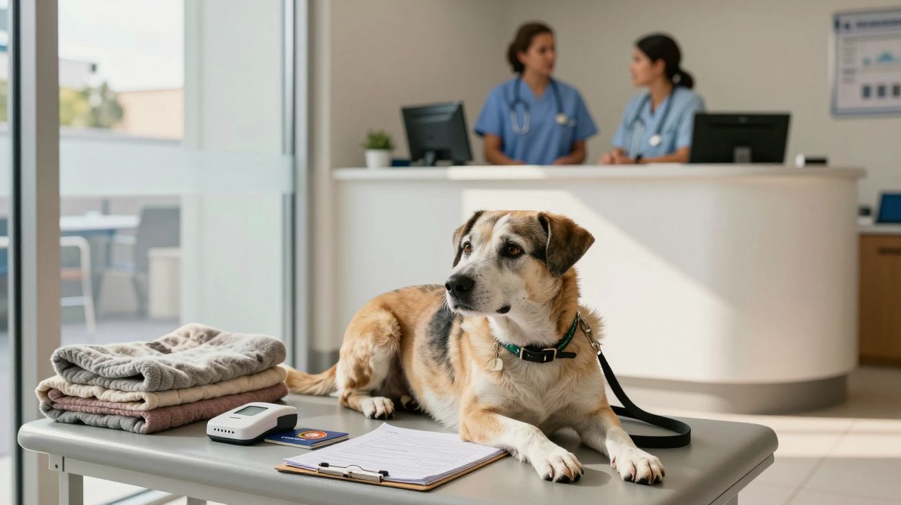 Cão deitado numa mesa de uma clínica veterinária com duas profissionais ao fundo a conversar.