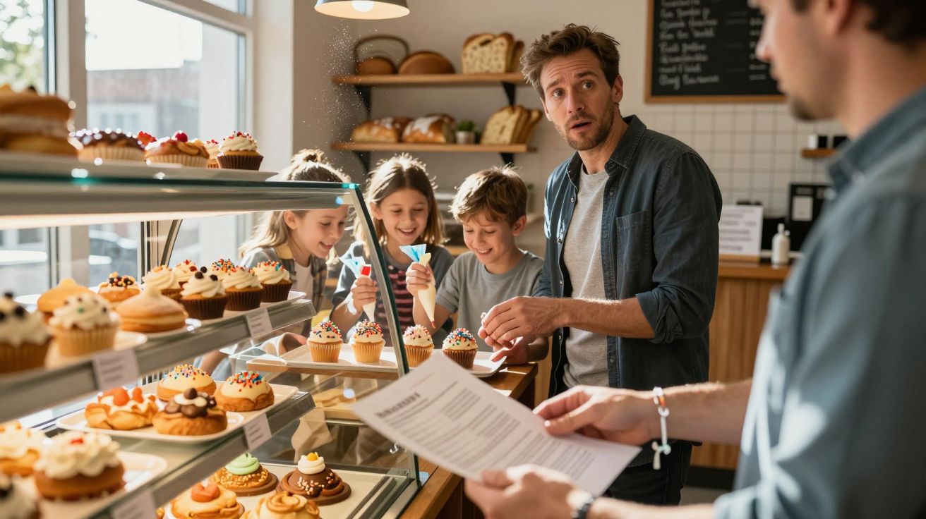 Homem e crianças decoram bolos numa pastelaria enquanto funcionário lê o menu.