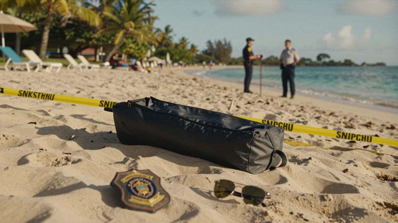 Bolsa preta, distintivo e óculos de sol na areia; fita de isolamento e dois polícias ao fundo numa praia.
