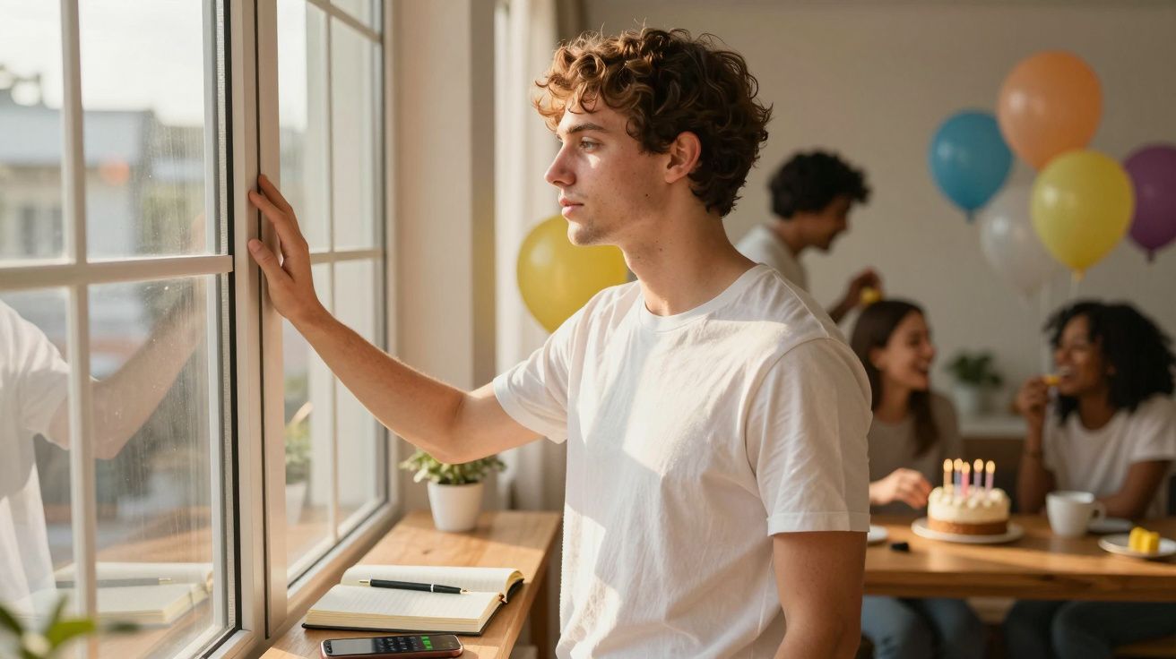 Jovem de branco olha pela janela em festa de aniversário com bolo e balões ao fundo.