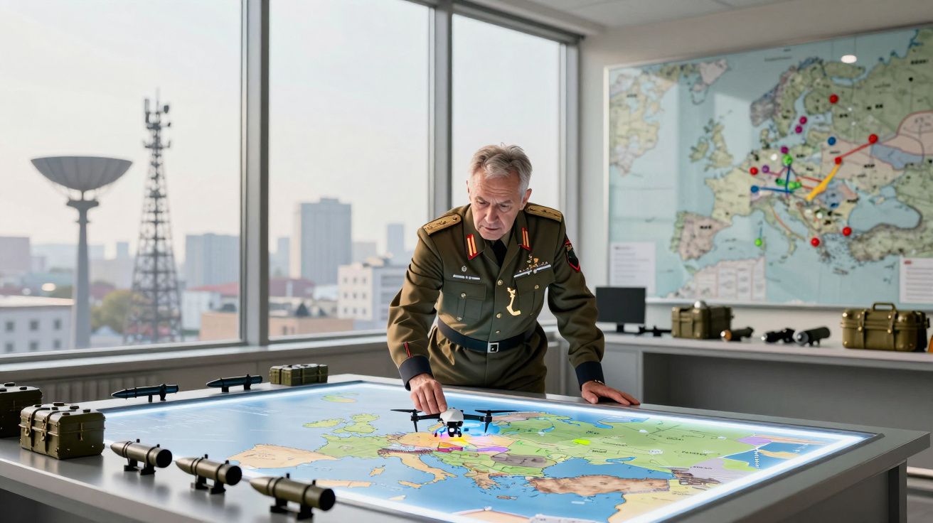 Militar em uniforme a analisar drone num mapa iluminado de operações numa sala com mapas de estratégia nas paredes.