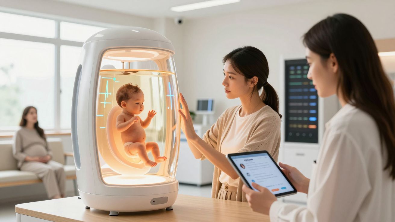 Bebé dentro de cápsula futurista, mulher a interagir e profissional de saúde a consultar tablet em clínica moderna.