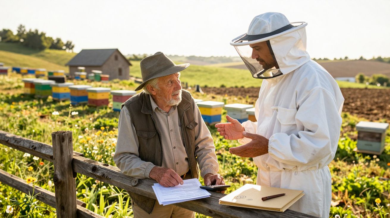 Apicultor de fato protetor conversa com agricultor idoso junto a colmeias numa quinta ensolarada.