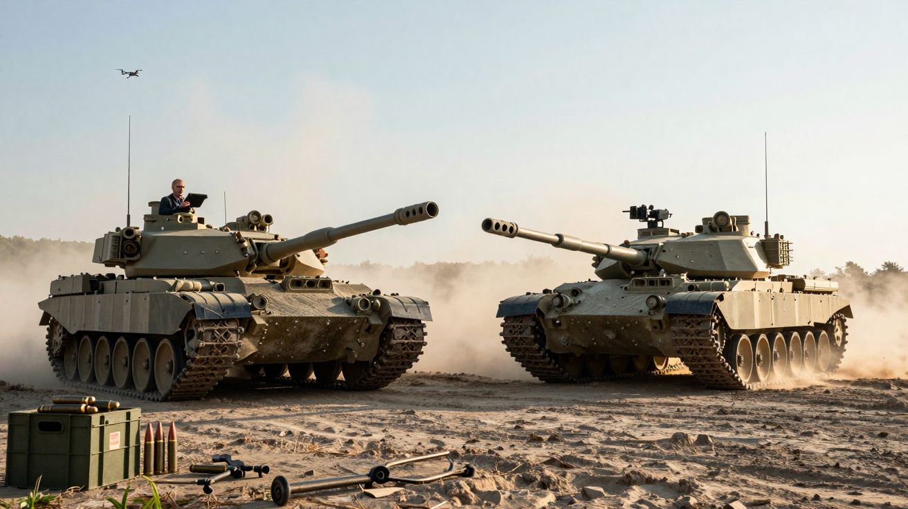 Dois tanques militares em terreno arenoso com um drone a sobrevoar e munições no chão.