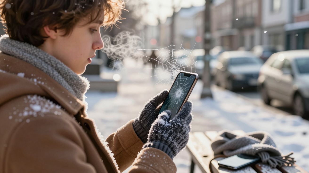 Pessoa com luvas e casaco quente olha para telemóvel com ecrã partido, rodeado por teia de aranha, ao ar livre no inverno.