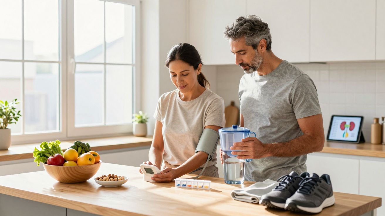 Casal a medir a pressão arterial na cozinha, com alimentos saudáveis e ténis na bancada.