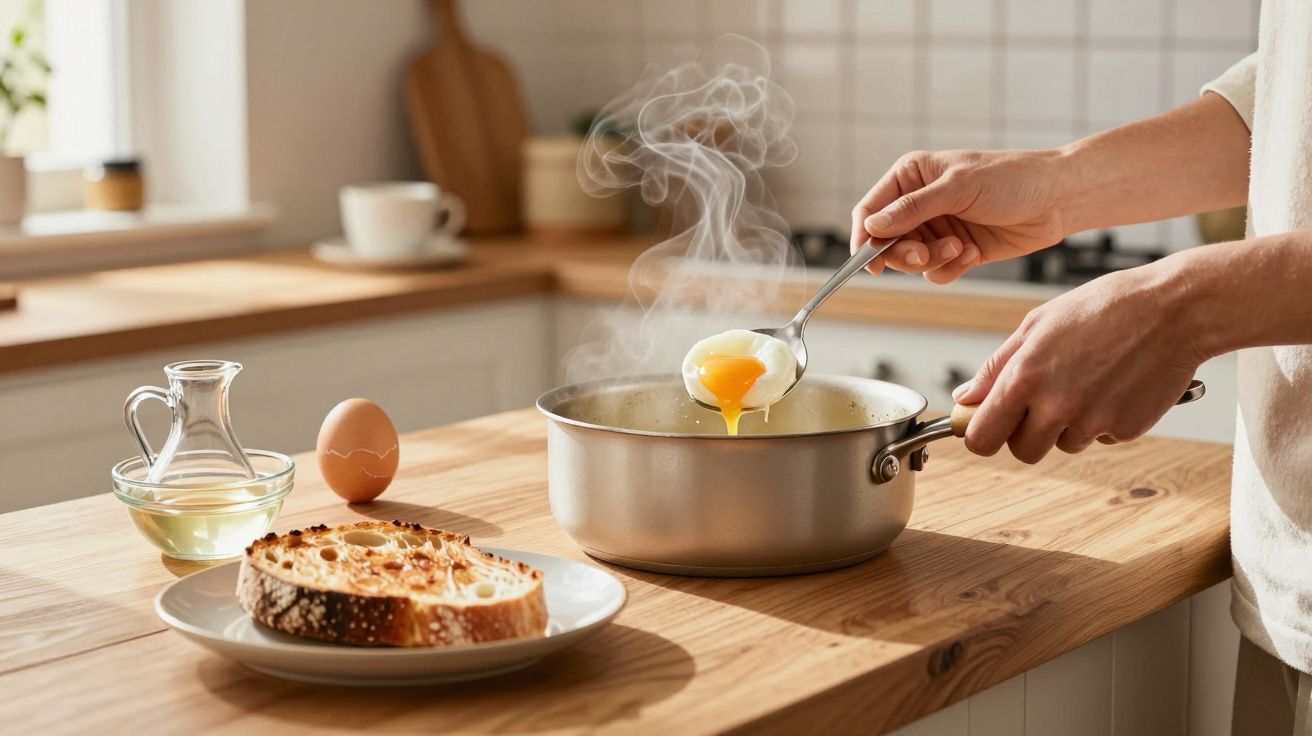 Mãos a cozinhar ovo escalfado em panela com torrada, ovo cru e azeite numa bancada de cozinha.