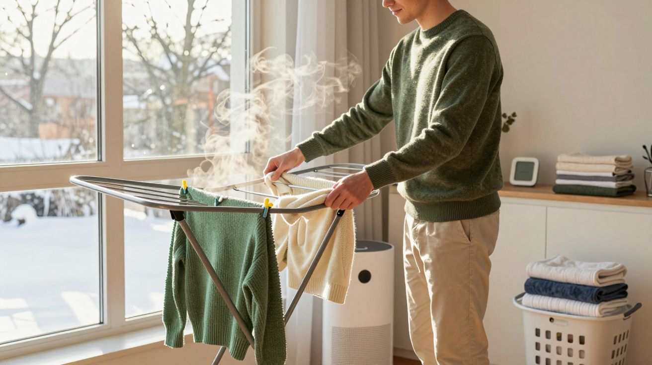 Pessoa a tratar roupa recém-passada a vapor num estendal interior junto a uma janela iluminada.
