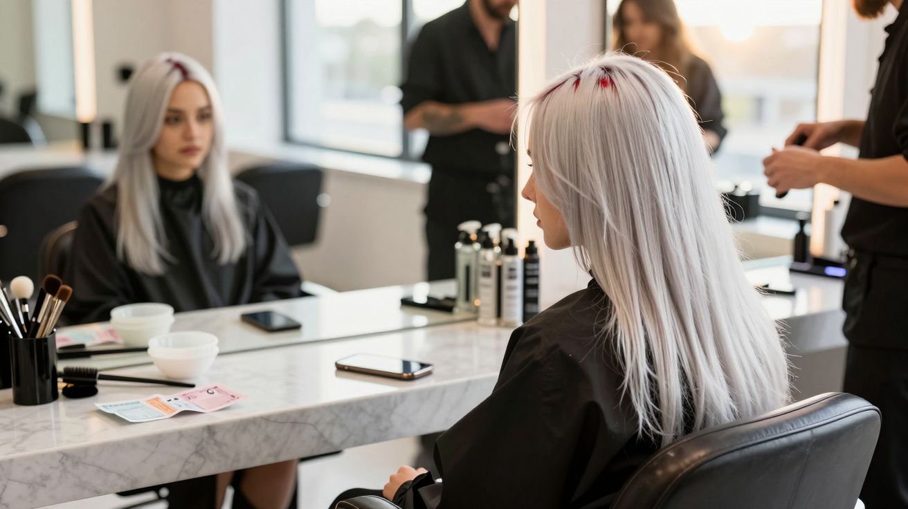 Mulher com cabelo louro platinado sentada num salão de beleza a olhar ao espelho, pronta para um tratamento capilar.