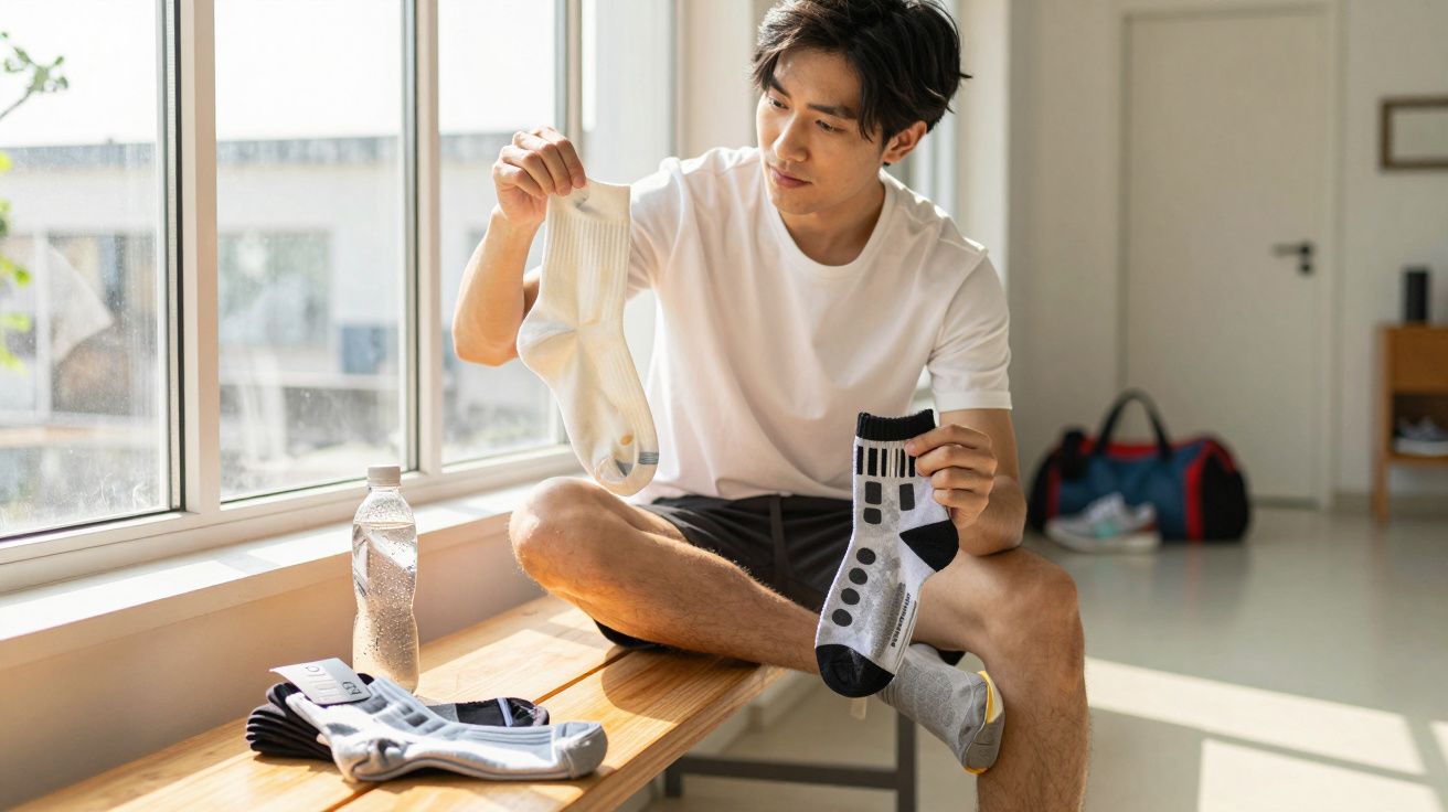 Homem sentado num banco junto a uma janela, segurando e escolhendo meias brancas e cinzentas.