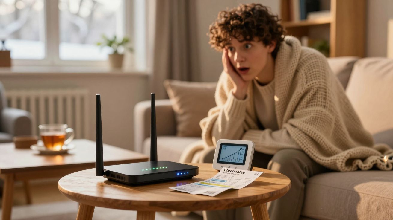 Pessoa com expressão preocupada sentada no sofá ao lado de router, fatura e monitor de consumo elétrico.